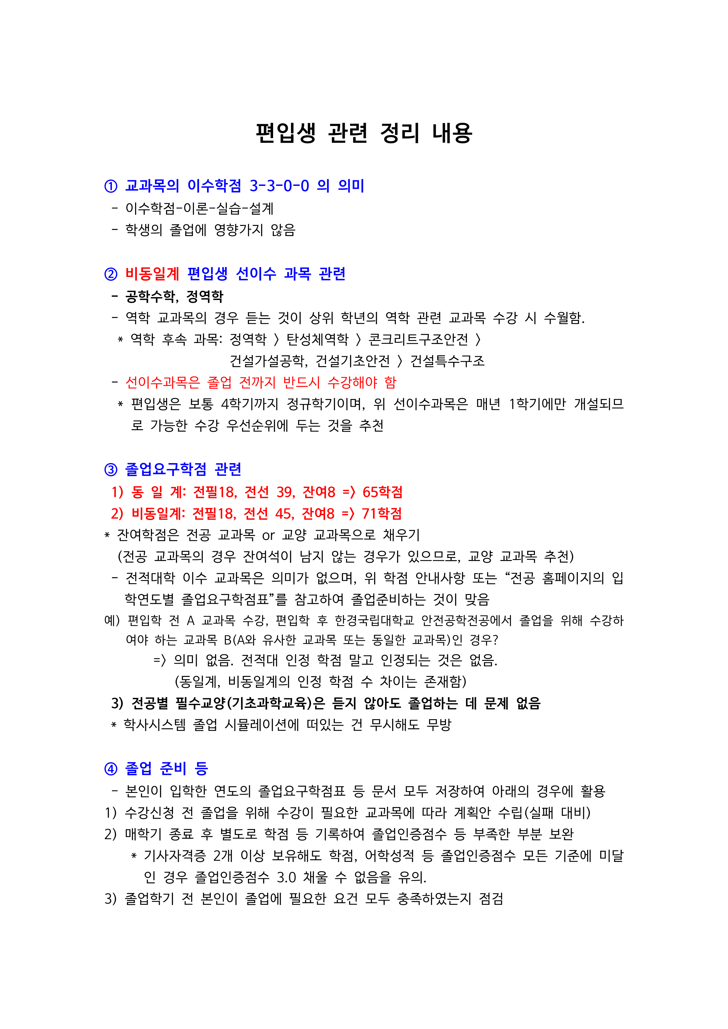 편입생 관련 졸업 정보